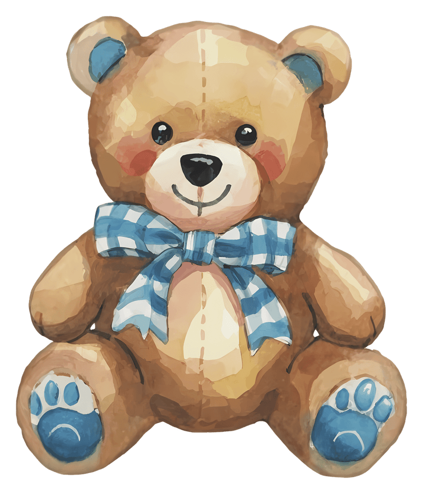 Plush bear with blue ribbon around its neck sits against a transparent background in a 3D cartoon style.
