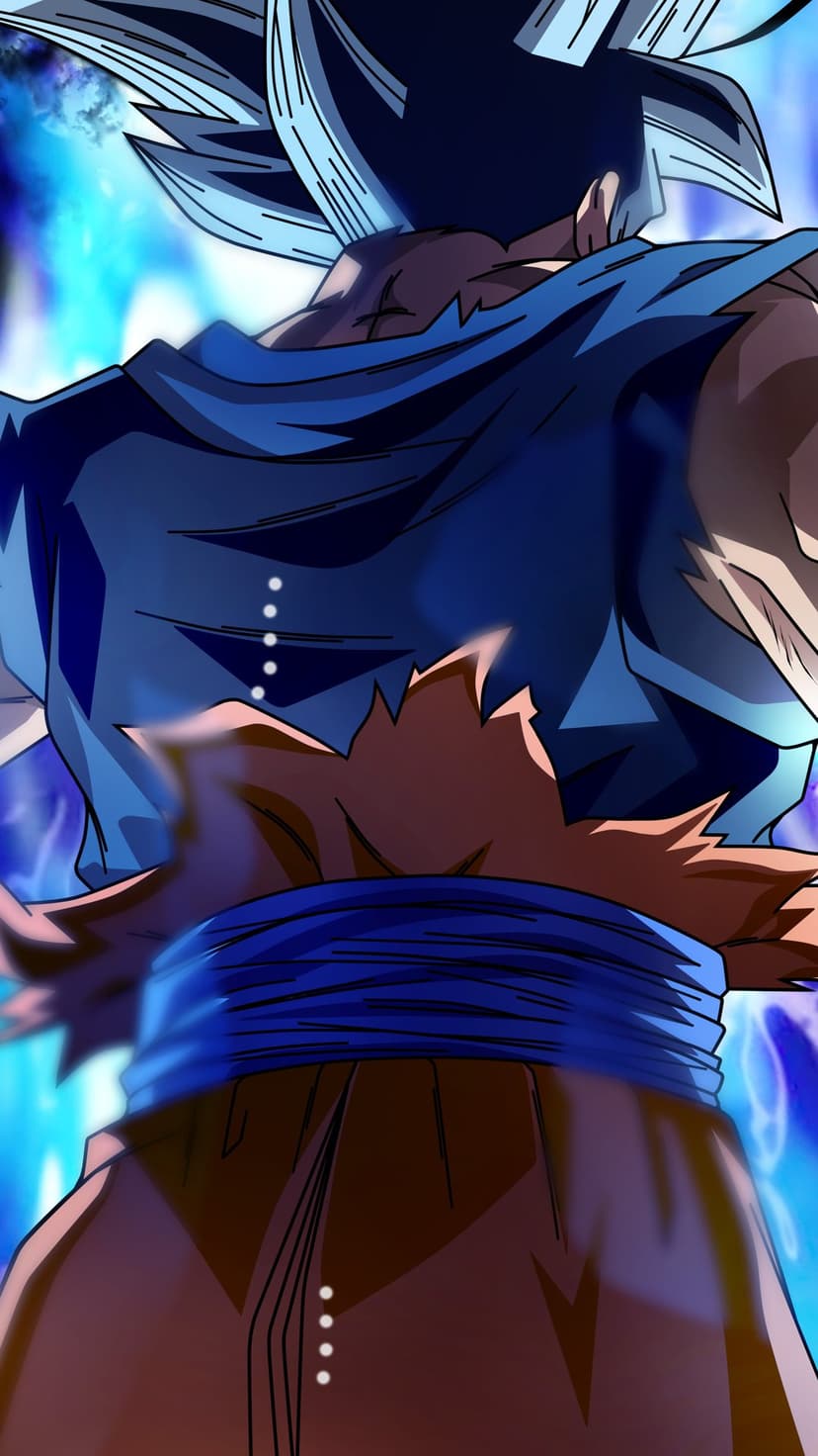 Goku in Ultra Instinct form with silver hair and a swirling blue aura viewed from the back in a powerful stance.