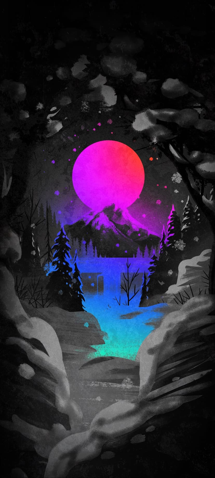 Luminous pink moon glows over snowy peaks and a teal river winding through a dense evergreen forest at night.
