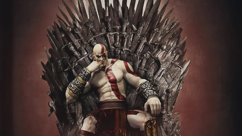 Kratos with red tattoos sitting on a throne made of sharp swords in a contemplative and brooding pose.