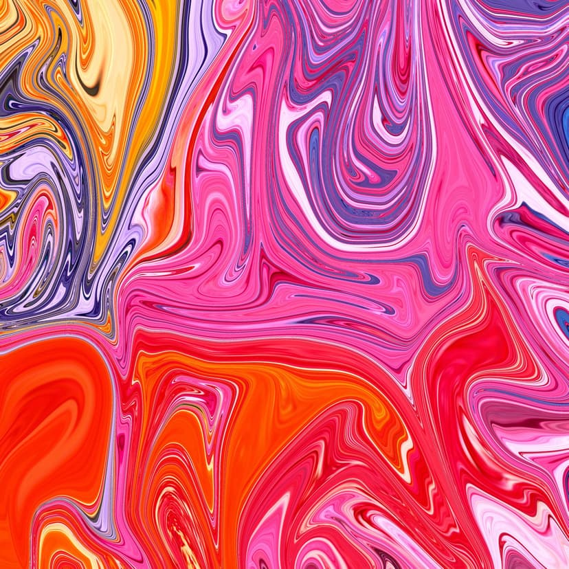 Swirling pink, orange, and purple marbled paint textures with fluid organic patterns and luminous yellow accents.