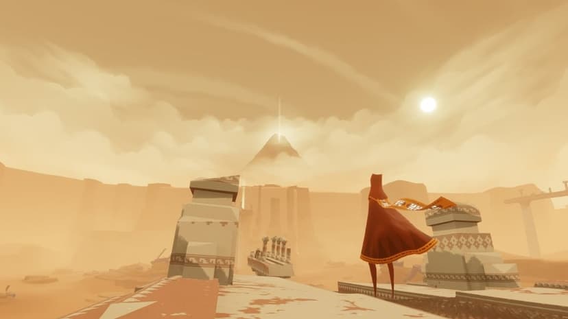 Red-cloaked figure stands among desert ruins looking at a distant mountain with a glowing light beam.