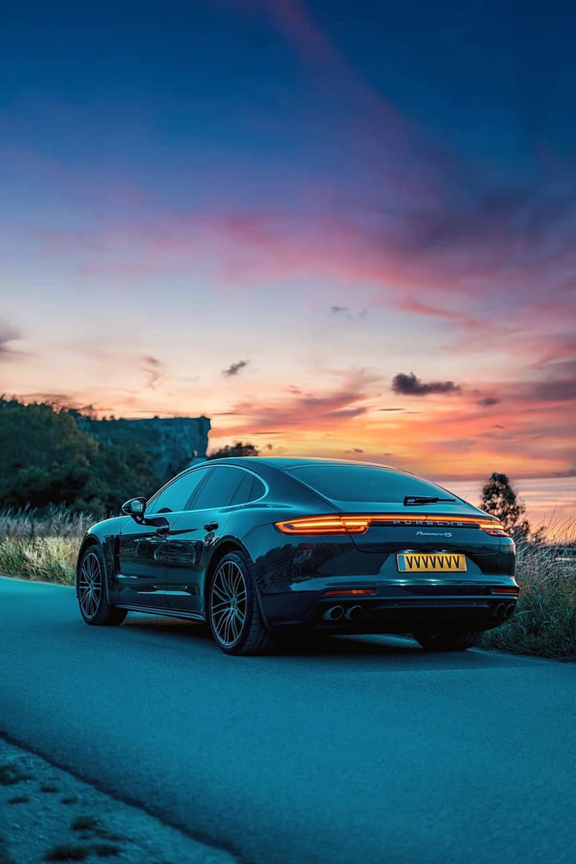 Dark Porsche Panamera sports sedan on a winding road during a pink and purple sunset with vibrant cloud formations.