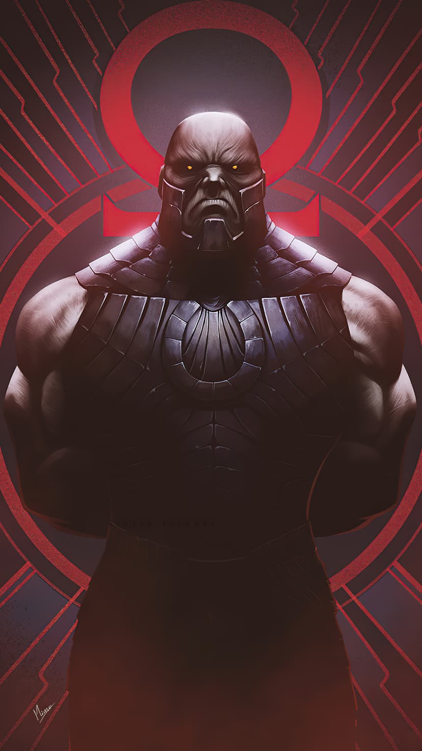 Darkseid stands with a stern expression in front of a glowing red Omega symbol and intricate geometric patterns.