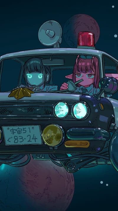 Anime girls in futuristic police car in space