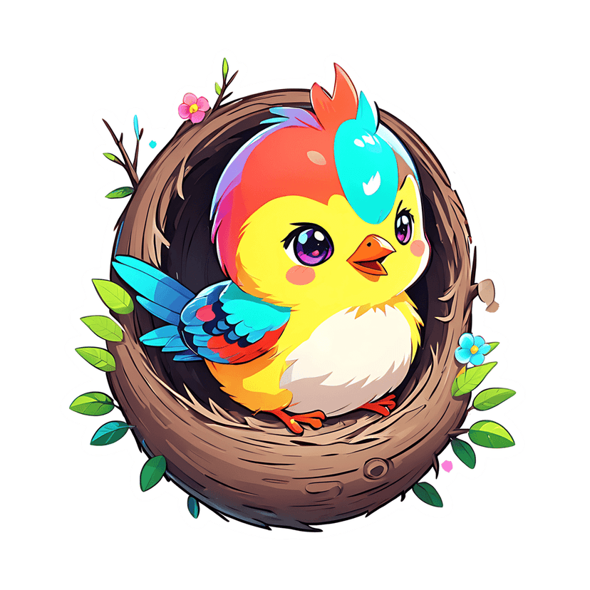 Yellow bird sticker graphic featuring a cartoon chick in a twig nest with pink flowers and green leaves.