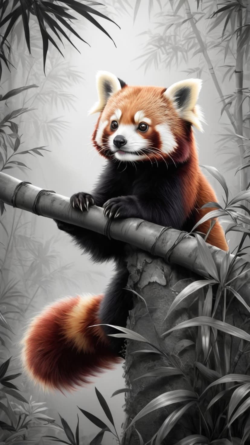 Red panda with bright orange fur sits on a bamboo branch surrounded by black and white leaves and dark stems.