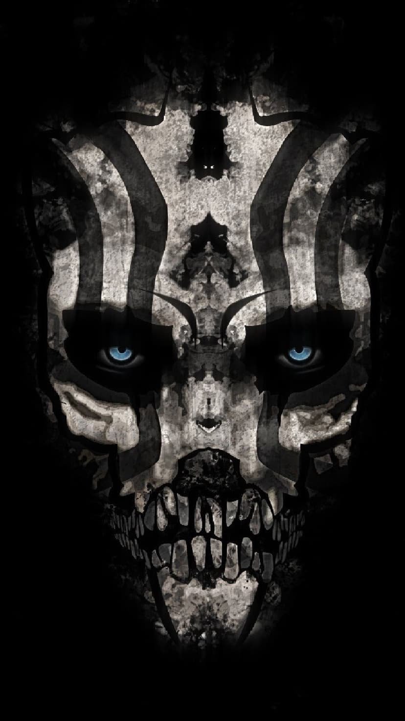 Skull with monochromatic stripes and glowing blue eyes set against a dark, distressed and gritty grunge background.