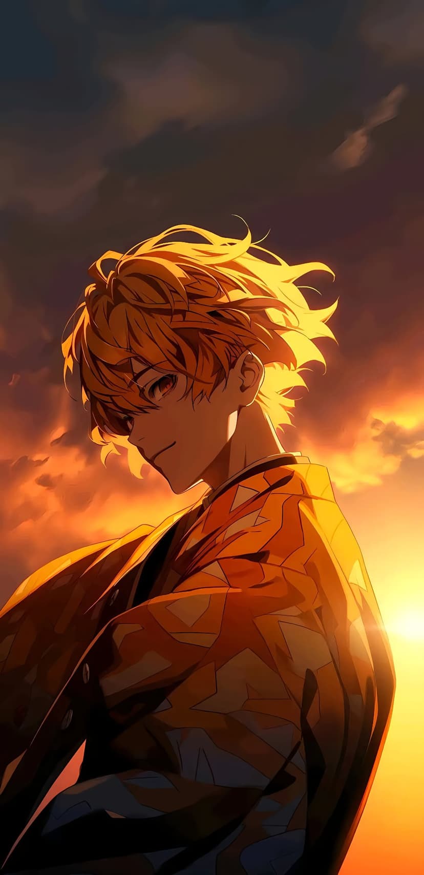 Anime boy with golden hair and red eyes wearing a yellow patterned haori against a dramatic sunset sky backdrop.