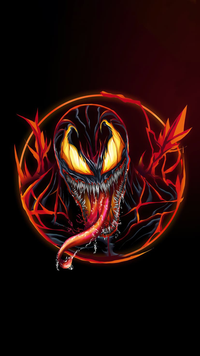 Venom displays sharp teeth and a long fiery tongue while yellow eyes glow against a dark orange background.