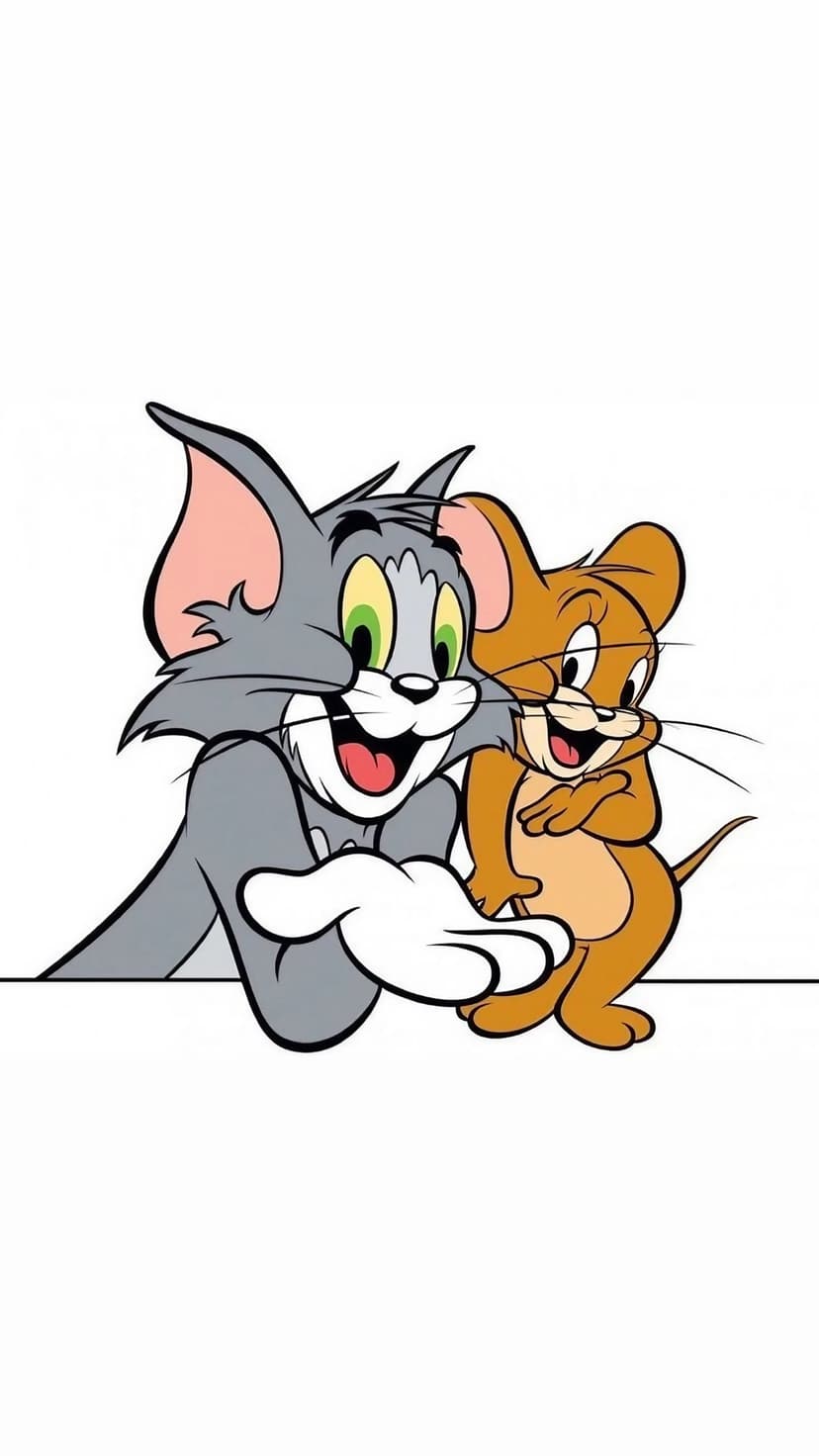 Tom the cat and Jerry the mouse smile while peeking over a white surface against a minimalist background.