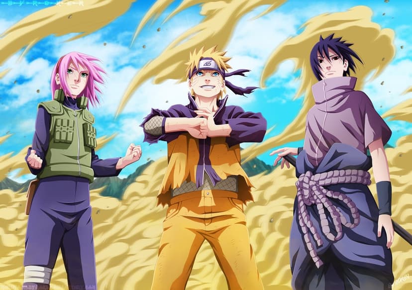 Naruto Uzumaki, Sasuke Uchiha, and Sakura Haruno stand in a defensive stance within a windy desert environment.