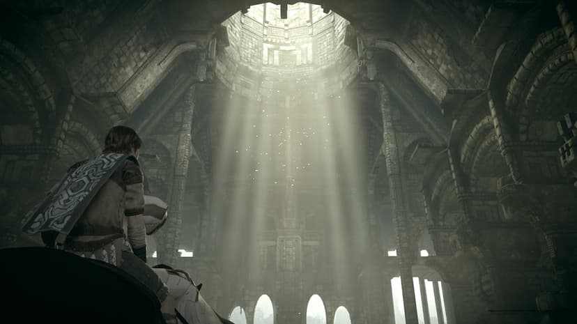 Adventurer on horseback looks up at divine light beams streaming through a stone temple's circular skylight.