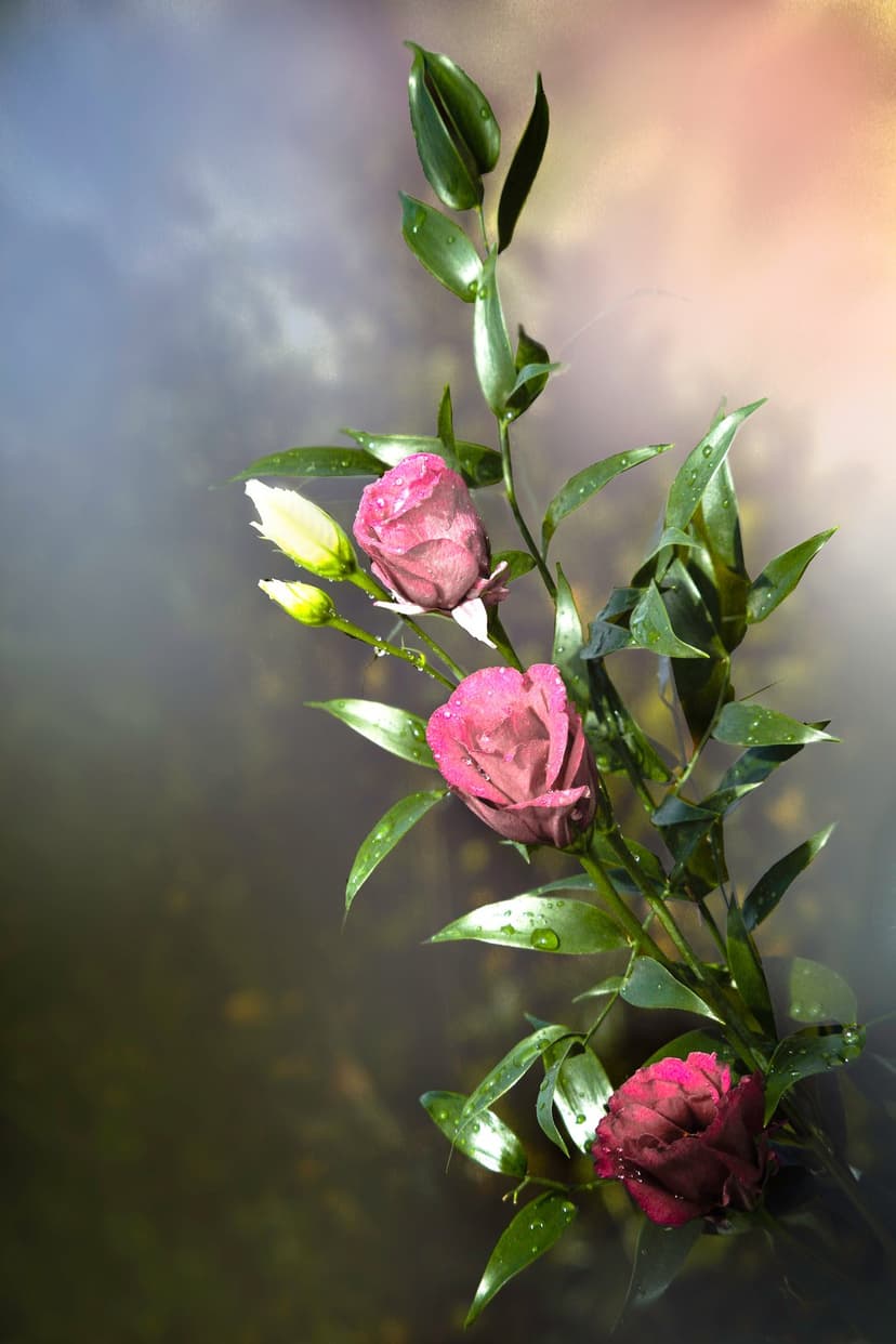 Crimson roses covered in dew drops feature delicate pink petals and green leaves against a moody dark backdrop.