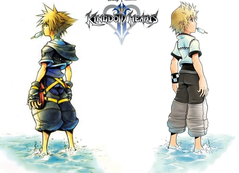 Sora and Roxas stand back-to-back eating blue ice cream in shallow water against a minimalist white background.