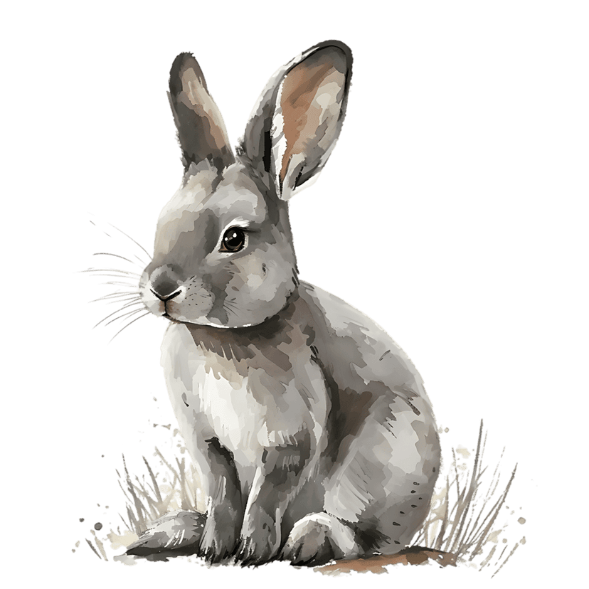 Gray watercolor rabbit sits alert in green grass with soft textured fur and tall upright ears on clear background