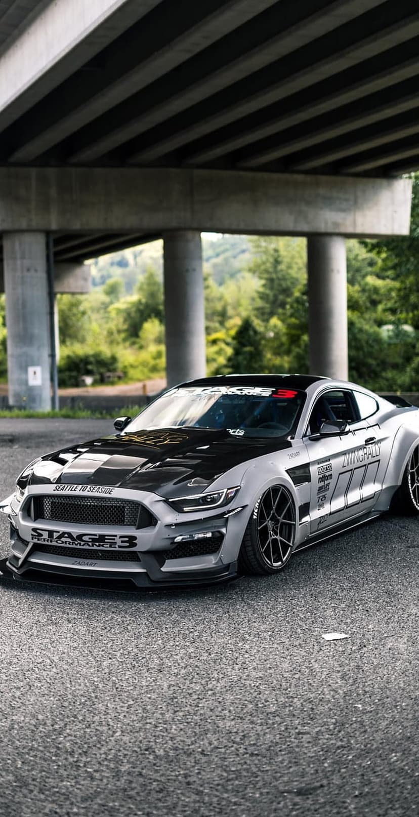 Ford Mustang with a widebody kit, checkered hood, and racing decals parked on asphalt under a concrete bridge.