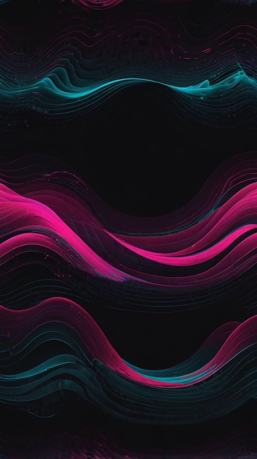 Glowing pink and teal curved lines weave across a pitch-black background with a soft luminous trail and blur.