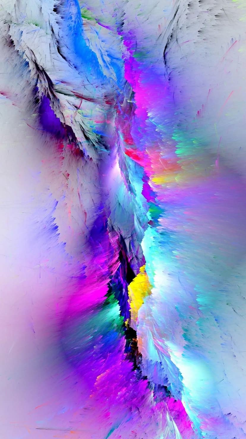 Multicolored paint streaks in purple, pink, and blue burst outward with feathered textures on a white background.