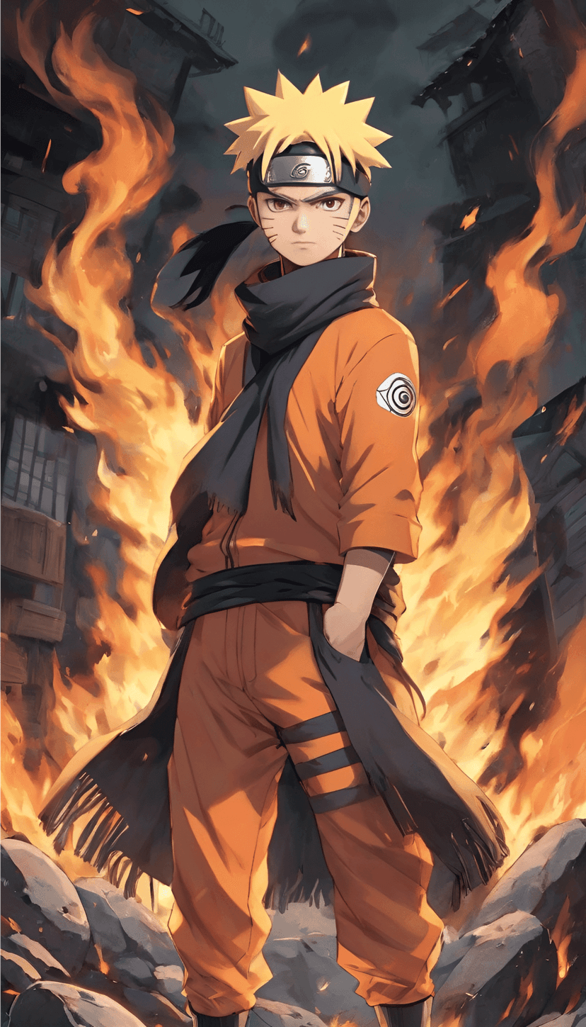 Naruto Uzumaki stands before burning ruins and flames wearing his orange jumpsuit and a black scarf.