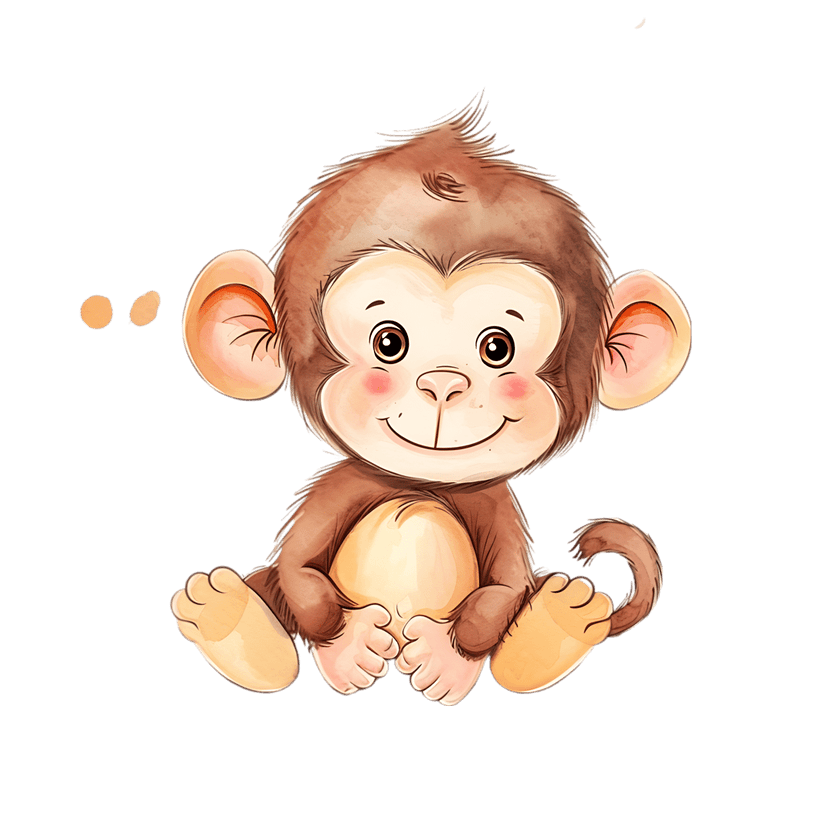 Baby monkey watercolor illustration sitting with brown fur and expressive eyes on a transparent background.