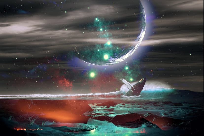 Giant whale breaching emerald ocean waves under a massive glowing moon and starry nebula in deep space.