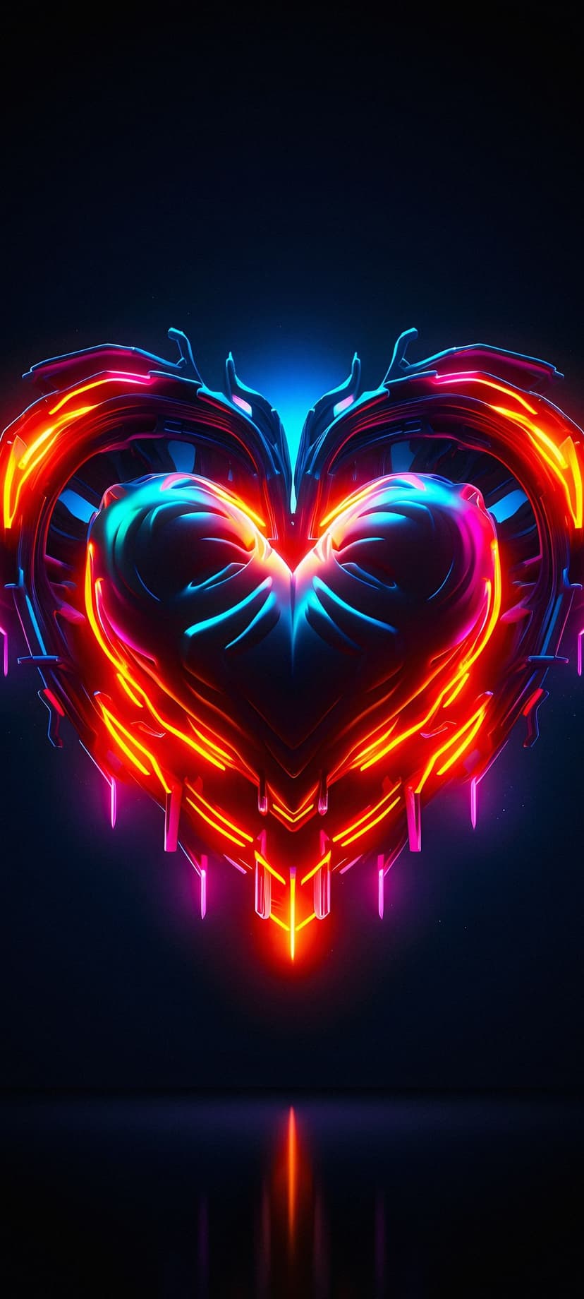 Mechanical heart with glowing blue and orange neon circuits, wires, and metallic components on a dark backdrop.