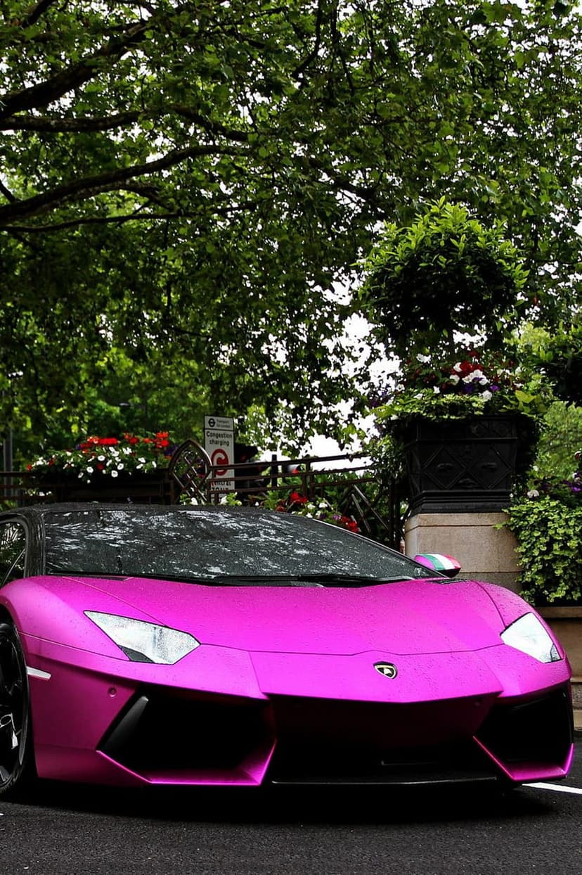 Pink Lamborghini Aventador with a matte finish parked in a lush garden surrounded by green trees and foliage.