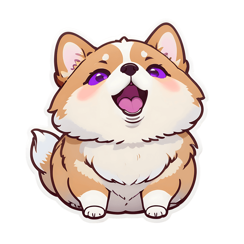 Corgi puppy sticker with light brown fur, purple eyes, and a white border sitting in a front-facing pose.