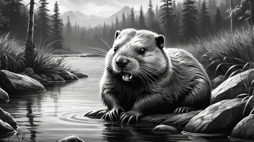 Beaver sitting on a log by a river with forest and mountains in a high-contrast black and white landscape.