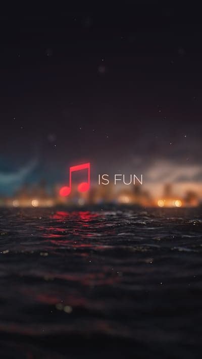 Glowing Music Note with "IS FUN" Text Over Water