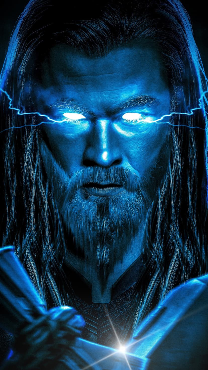Thor with glowing white eyes and a thick beard is surrounded by crackling blue lightning against a dark backdrop.