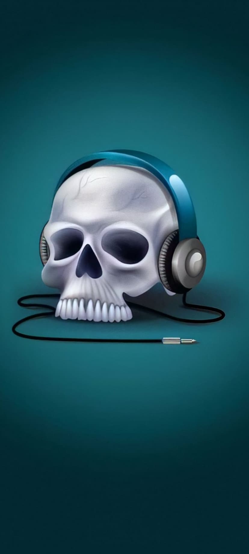 Human skull wearing blue over-ear headphones with a silver audio jack plug against a dark teal background.