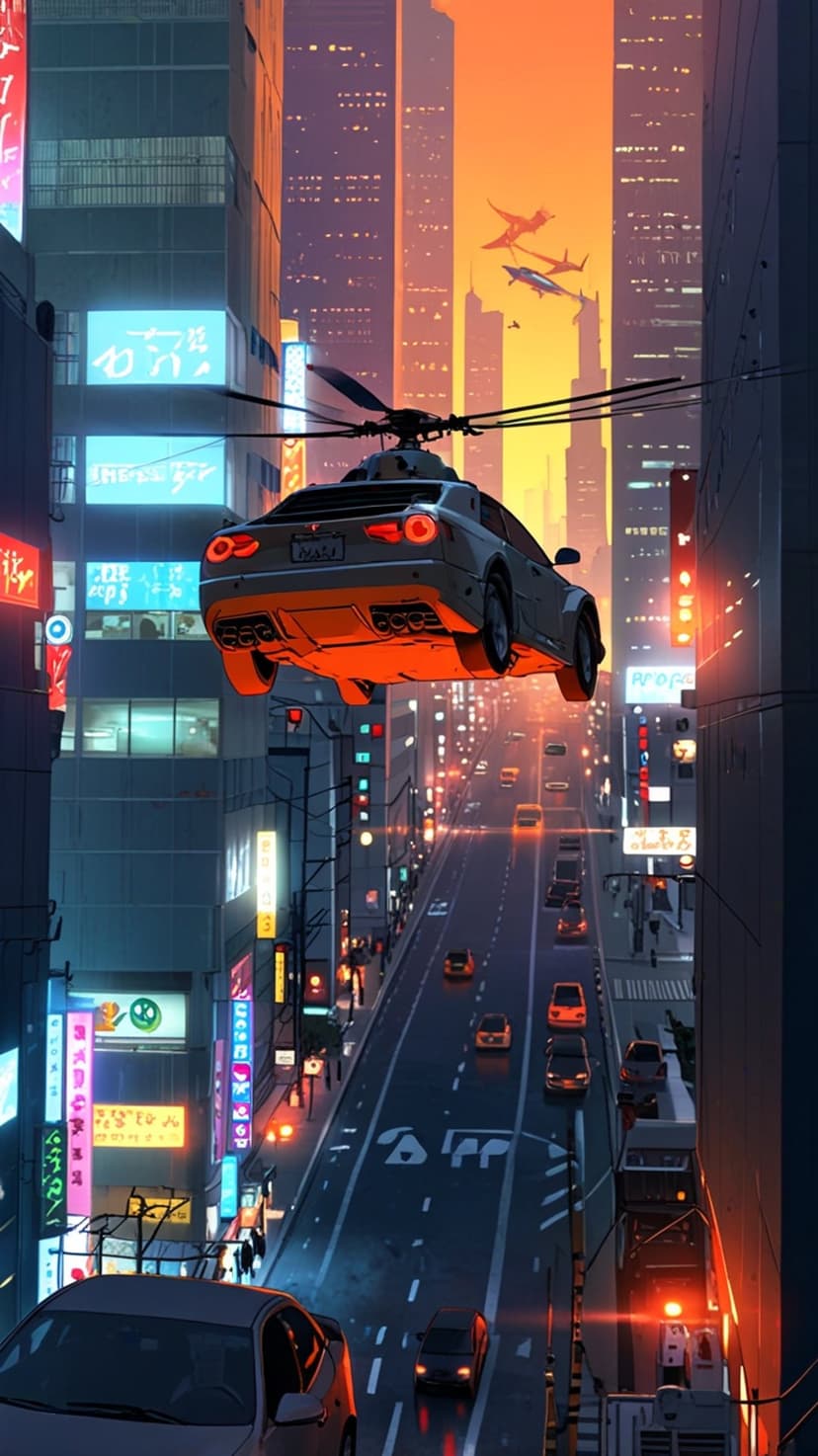 Flying car hovering above a dense urban street with neon signs and skyscrapers under a vibrant orange sunset sky.