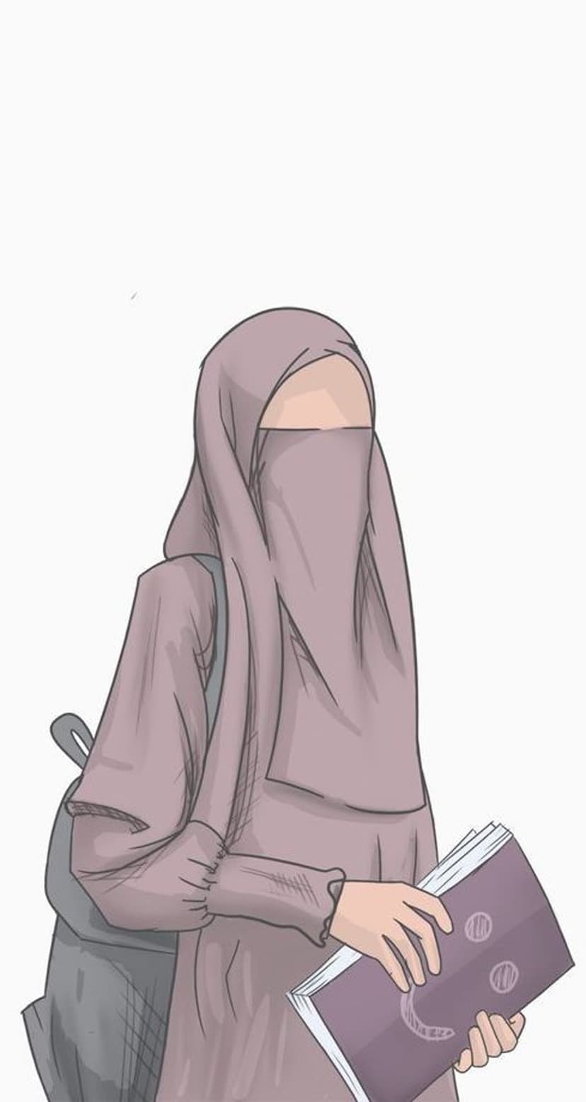 Niqab-wearing student with a backpack carries a stack of books against a clean and minimalist background.