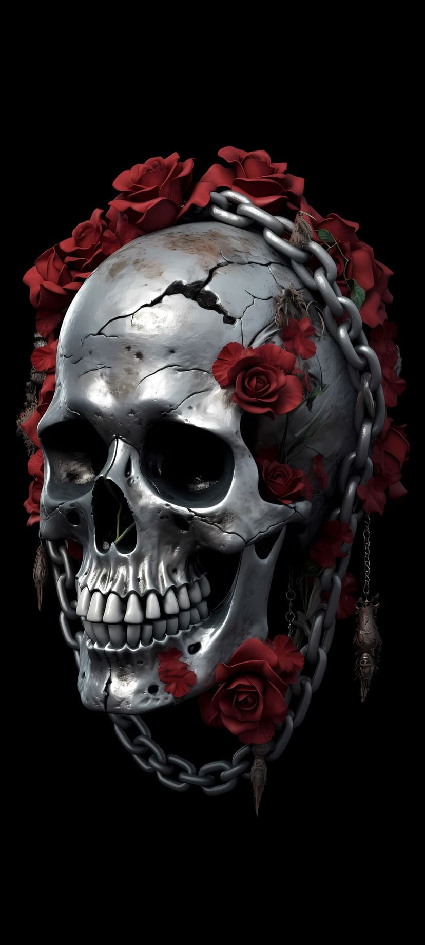 Cracked metallic skull intertwined with deep red roses and silver chains against a dark, moody background.