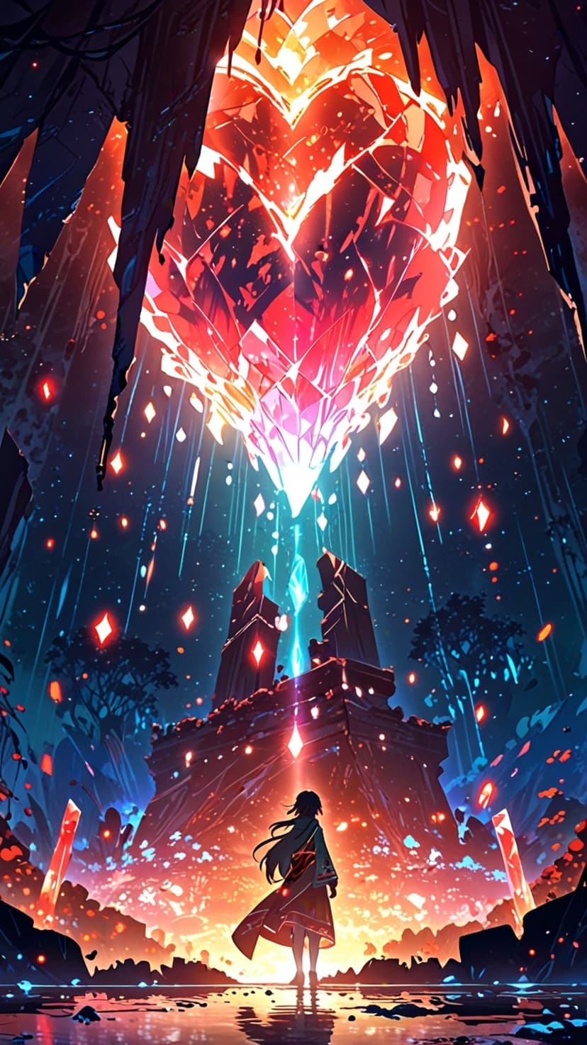 Anime girl looks up at a massive glowing pink crystal heart floating inside a dark stone cave with light beams.