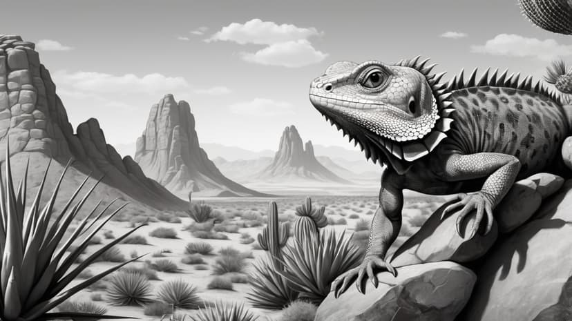 Lizard with detailed scales perches on a rock with desert mountains and cacti under a cloudy monochrome sky.