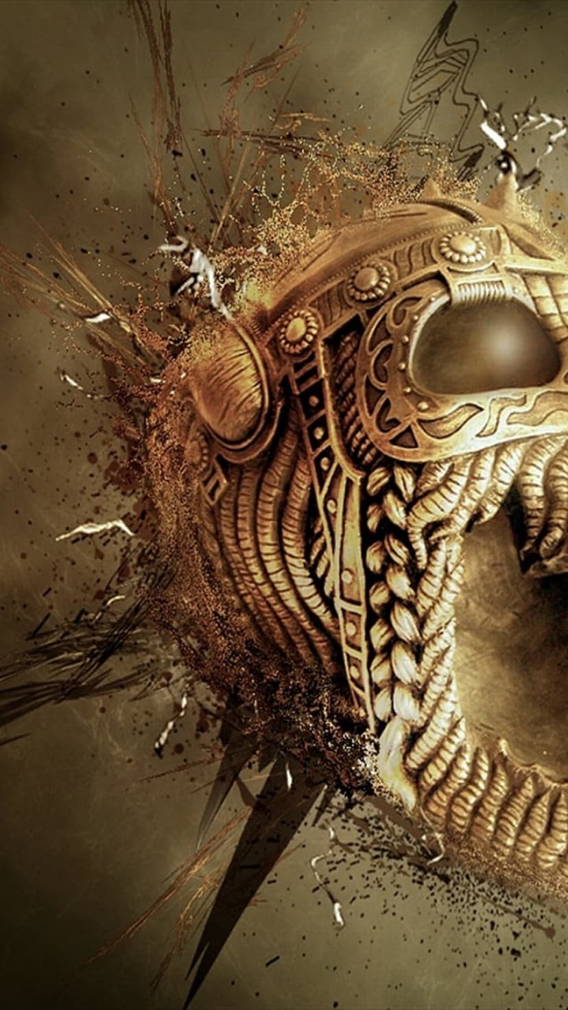 Ornate golden Viking mask with braided details shatters into metallic fragments against a dark, muted background.