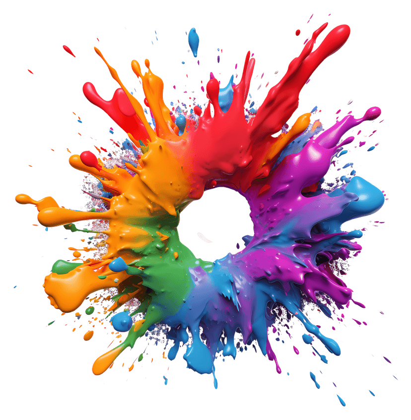 Multicolor paint splash ring with realistic pigment splatters and liquid drops arranged in a circular pattern.