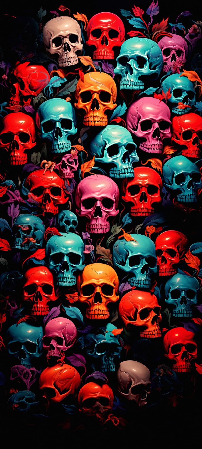 Multicolored skulls in teal and pink shades rest among dark leaves, creating a high-contrast vertical pattern.
