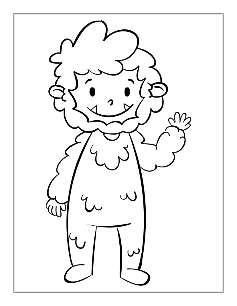 Smiling monster coloring page featuring a furry creature waving a hand with sharp teeth and thick black outlines.