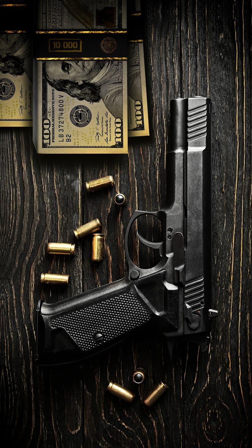 Black pistol and stacks of hundred-dollar bills lie on a dark wooden surface with scattered brass bullet casings.