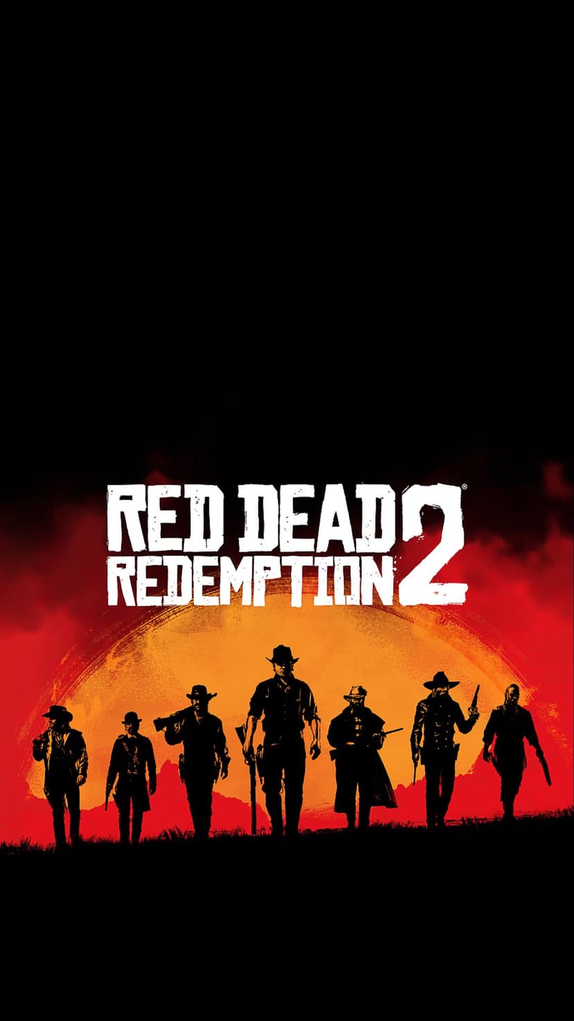Seven outlaw silhouettes walk before a massive orange sun under the Red Dead Redemption 2 logo on a black background.