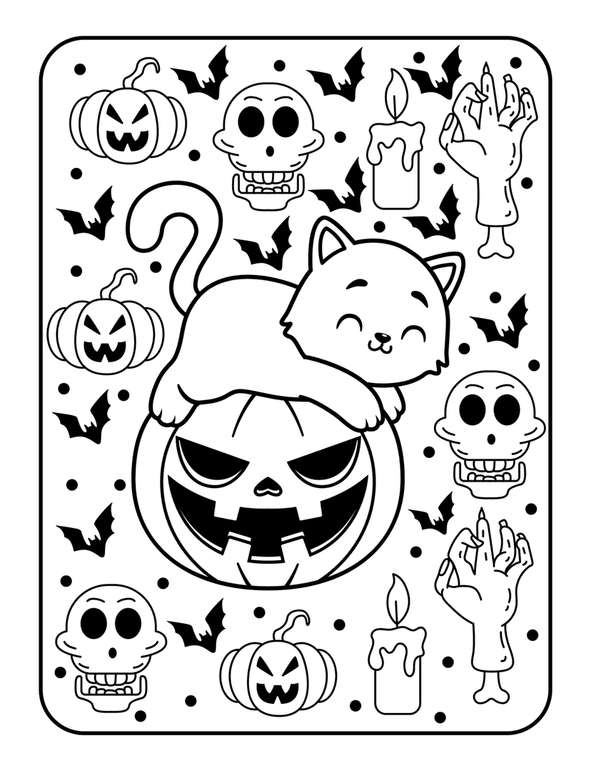 Halloween coloring page featuring cat on pumpkin with bats skulls and zombie hands in black and white line art.