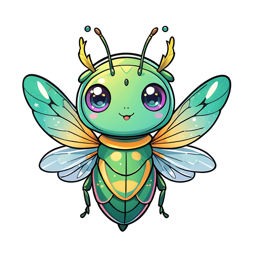 Green beetle chibi illustration with large black eyes, translucent wings, and glossy segmented lime body.
