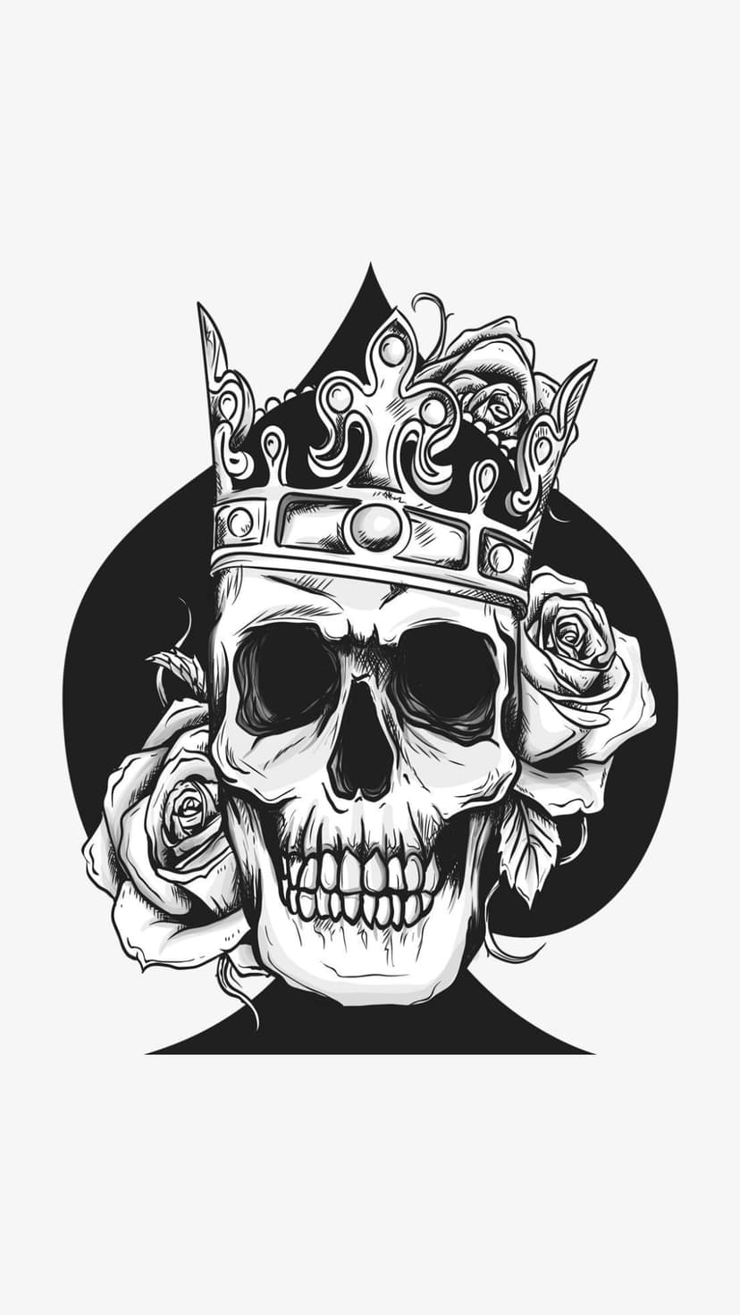 Skeletal king wearing an ornate crown surrounded by detailed roses and a large spade symbol in the background.