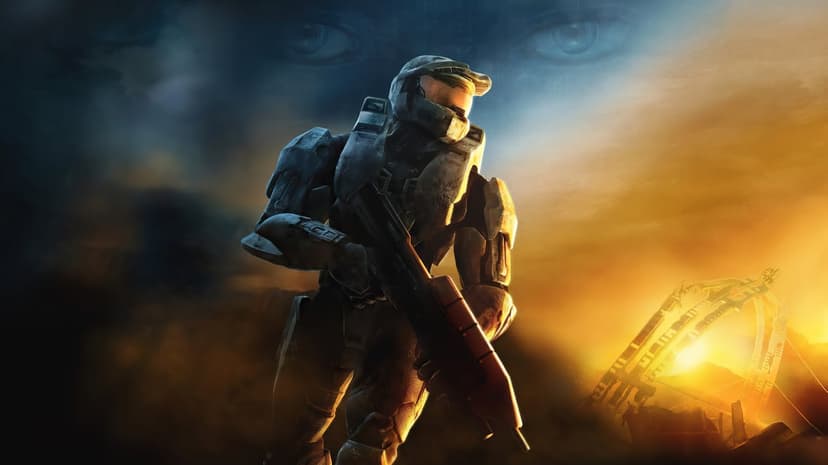 Master Chief in green armor holds a rifle against a glowing sunset with faint eyes in the cloudy sky.