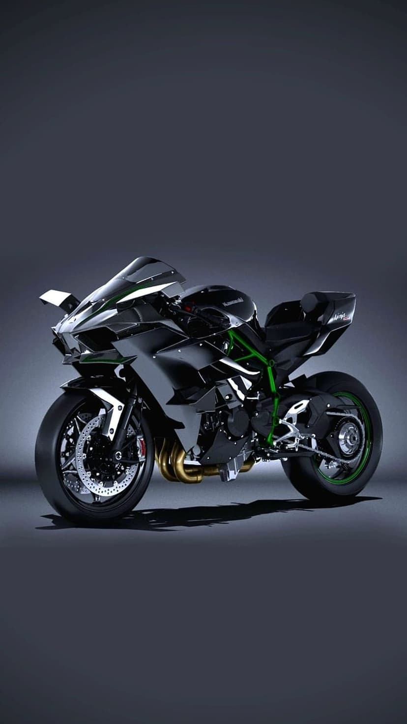 Kawasaki Ninja H2R motorcycle shows carbon fiber winglets and green trellis frame in a vertical profile shot.