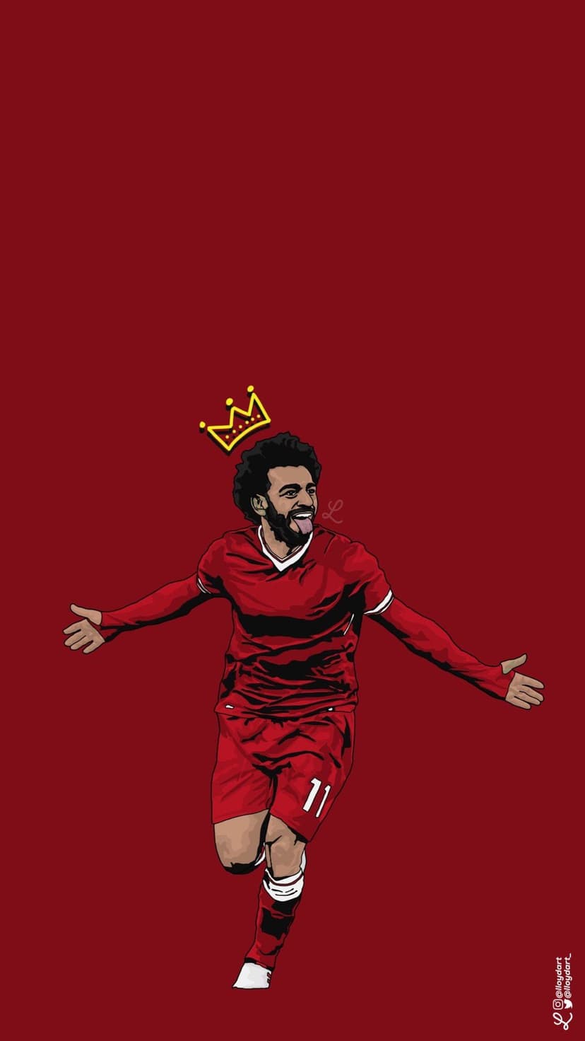 Mohamed Salah in a red Liverpool jersey runs with arms wide under a floating gold crown on a red background.